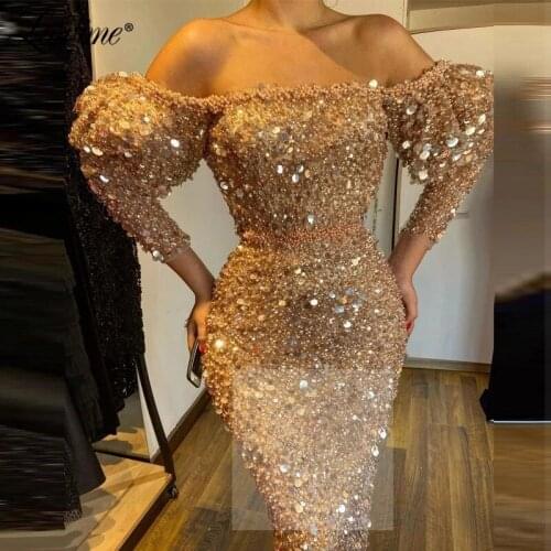 Muslim Beads Pink Women Evening Dresses 2021 Customized Sequins Mermaid Long Sleeves Party Dress Dubai Arabic Prom Gowns Robes