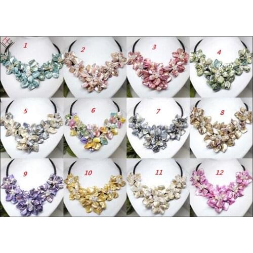 12 colors wedding Women Jewelry natural pearl crystal 5 flower pendant bright shell mother of pearl necklace black leather 18"