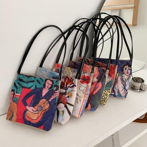 2021 Women Creative Oil Painting Shoulder Bags Eco Friendly Canvas Underarm Bags Female Large Capacity Shopping Bag Travel Bag
