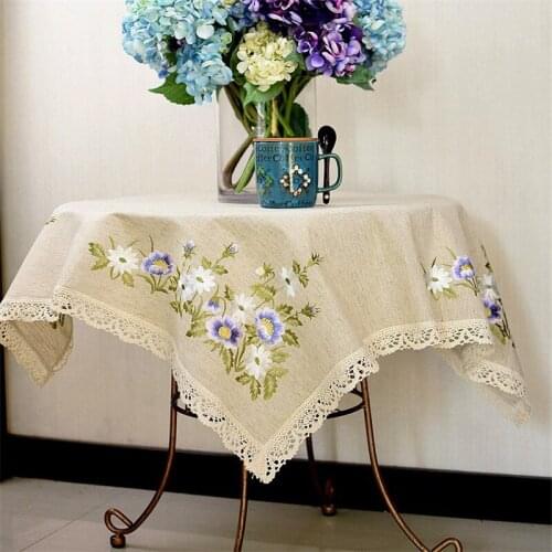 Free Shipping Linen Square 90x90cm Embroidery Natural Tablecloth Cup Mat Multi-Function Cover Place Lliving Decorate Blanket