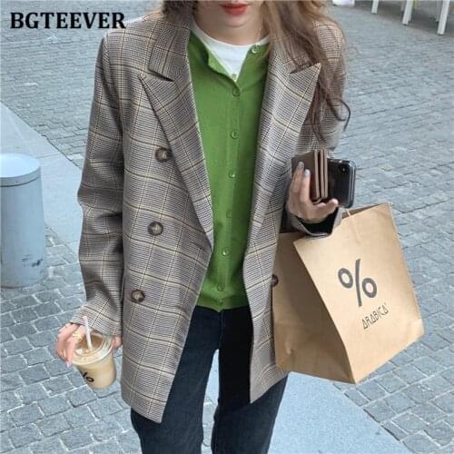 BGTEEVER Fashion Notched Collar Women Plaid Blazer Double Breasted Loose Female Jacket Vintage Long Sleeve Outwear 2020 Autumn