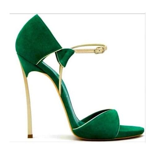 Fashion suede leather metal high heel sandals open toe ankle buckle thin heels summer dress shoes woman pumps new party sh