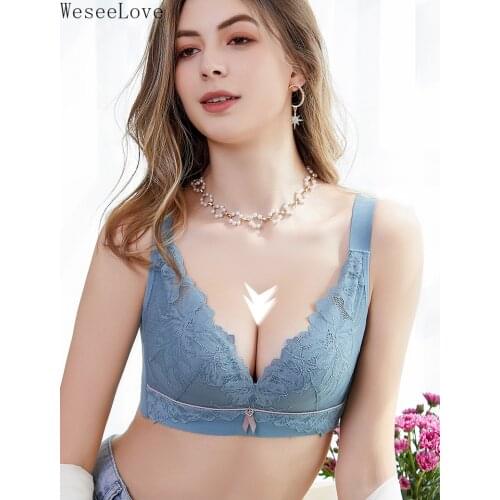 WeseeLove Fashion Wire Free Push Up Bra For Women Breathable Cotton Inner Large Cup Female Gathered Thin Pad Lace Bralette