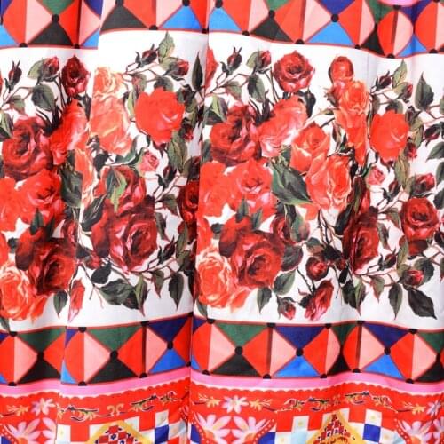 The flower of fashion digital painting emulation silk elastic satin fabric for dress coat tissu au meter bright cloth DIY
