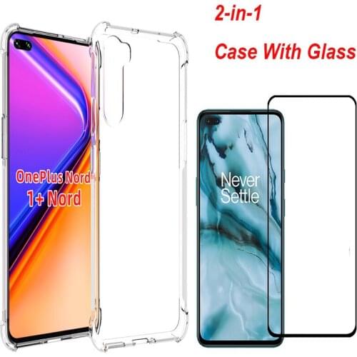 For OnePlus Nord Soft Clear Shockproof Airbag Case Cover + Full Cover Tempered Glass Screen Protector OnePlus Nord Case