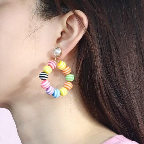 Dvacaman Rainbow Beaded Earrings Candy Color Acrylic Geometric Round Drop Earrings for Women Girls Korean Trendy Jewelry Brincos