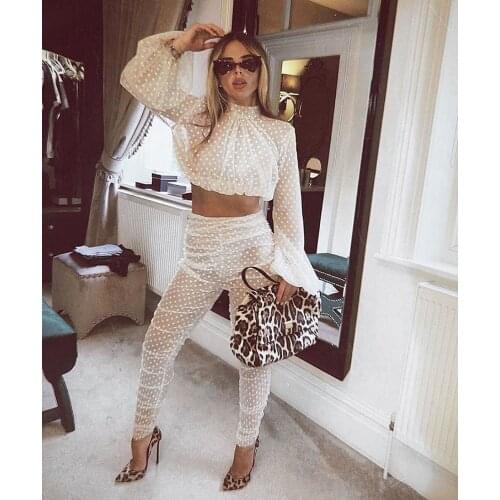 European station dot sexy women set gauze 2 pieces outfits for women crop top and pants draped outfits DYZ1033