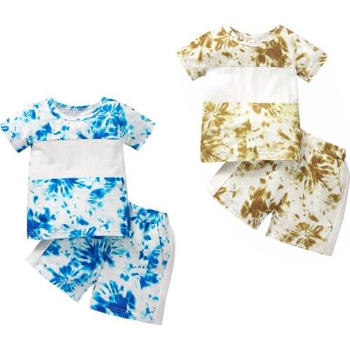 FOCUSNORM Summer 2pcs Kids Boys Tie Dye Printed Clothes Sets 2-6Y Short Sleeve Patchwork T Shirts Tops Shorts