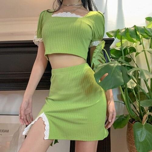 Two Piece Set Skirt Side Split Women Co Ord Crop Top Bodycon Sexy Matching 2 Piece Set Rib T Shirt Lace Summer Cute Outfits 2021