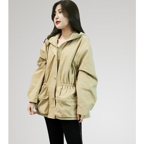 Khaki Button Zip Hooded Short Trench Coat