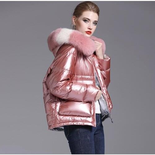 The new winter 2019 fashion heavy hair short coat collar glossy loose thickening down jacket female 383 han edition