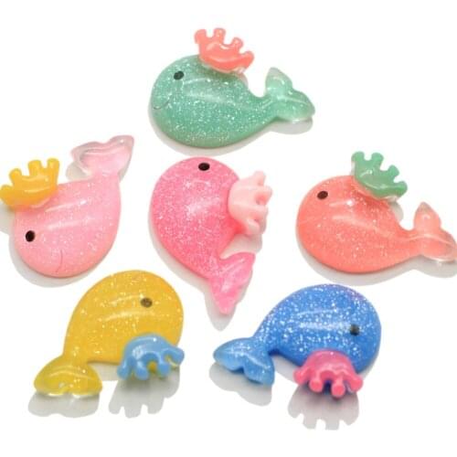 2021Best Sell Glitter Resin Kawaii Crown Balloon Whales Cabochons Cute Multicolor Balloon Whale Cabs Best Back To Scho