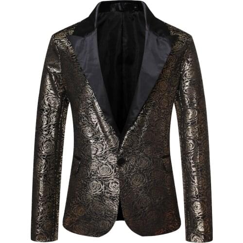 Mens Shiny Gold Rose Floral Dress Suit Jacket Notched Lapel Slim Fit Stylish Blazer Men DJ Club Wedding Prom Tuxedo Blazer Man