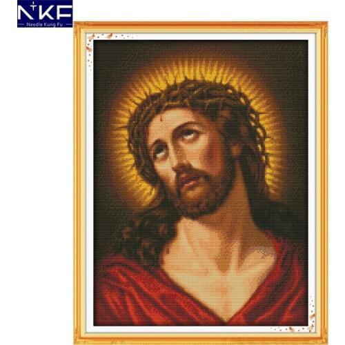 NKF Thorn Crown Jesus Pattern Counted Cross Stitch Painting 11CT 14CT Cross Stitch Kit for Embroidery Needlework Home Decor