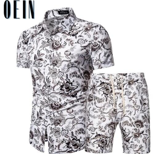 OEIN Men Clothes Set Summer Mens Casual Suit 2021 Fashion Beach Track Suits New Boardshorts + Kawaiian Print Shirts 2 Pcs Sets