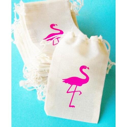 Custom text flamingo wedding Bachelorette Hangover recovery Survival kit favor Muslin bags bridal shower party goodie pouches