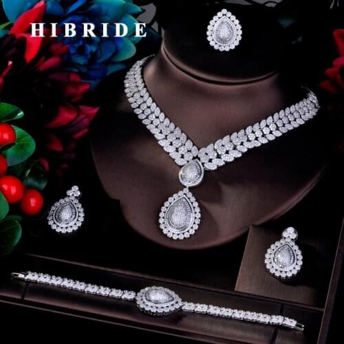 HIBRIDE Luxury Earring Bracelet Ring Necklace CZ Pave Big Full Jewelry Sets For Women Bridal Wedding Accessories Jewelry N-762