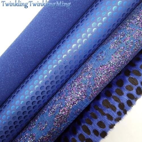 BLUE Glitter Fabric, SUEDE Synthetic Leather, Mermaid Faux Fabric Sheets, Faux Fur For Bow A4 21x29CM Twinkling Ming XM004H