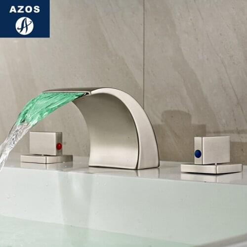 Bathroom Sink Faucets Deck Mounted Waterfall Hot Cold Water Mixer Tap Nickel Brush,Chrome Polished w/ w/o LED Light MPSK002D