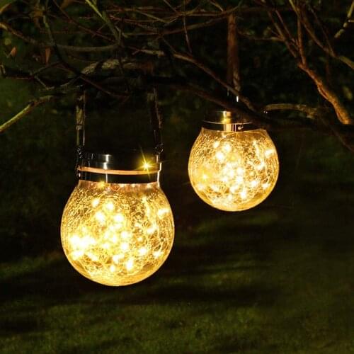 Solar Lights Hanging Outdoor Solar Lanterns Decorative Hanging 20 LED Waterproof Cracked Glass Jar Garden Lights for Yard