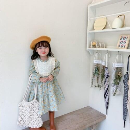 Spring Korean style floral princess dress for girls cotton lace patchwork casual dresses