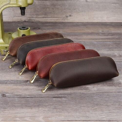 Handmade Genuine Leather Pencil Bag Vintage Zipper Cowhide Pencil Case Storage Bag Stationery Holder Office Accessories