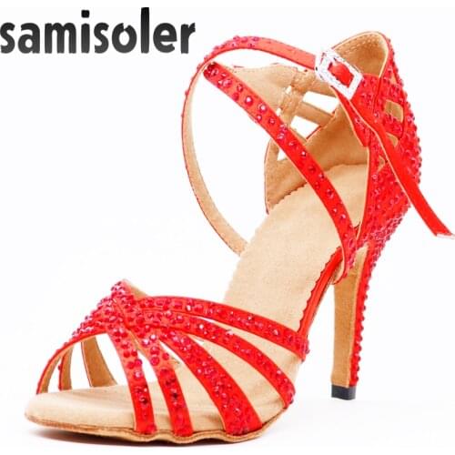 Samisoler Ladies Latin dance shoes Latin Dance Shoes Salsa Woman Satin Soft Bottom Fashion Rhinestone Dance Ballroom Shoes