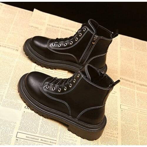 Womens Ankle Boots Lace Up Pu Leather Ladies Short Boots Platform Round Toe Zipper Thick Bottom Female Boot Round Toe 2021 New