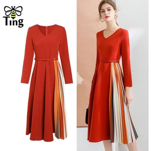 Tingfly Runway Fashion Pleated Midi Long Dress Women Retro Elegant Office Work Dress A Line Winter Autumn Plus Size Elbise Robes