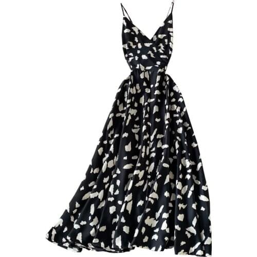 Elegant Vintage Print Holiday Long Dress Women High Waist A Line Vestidos Summer Sexy V Neck Sleeveless Camis Robe Slim