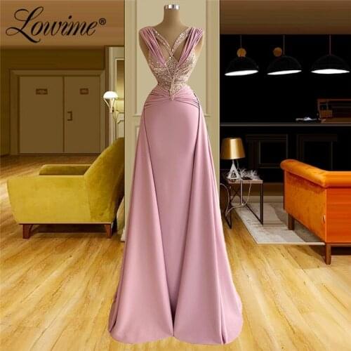 Lowime 2021 New Arrival V Neck Prom Dress Long Evening Dresses Vestidos De Noche Handmade Satin Arabic Dubai Women Party Gowns