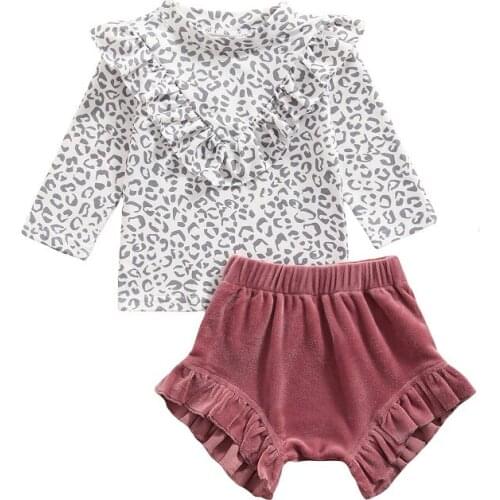 0-24M Newborn Baby Girl Long Sleeve Ruffles Leopard Pullover Tops Bloomers Shorts 2PCS Outfits Autumn Clothes Set