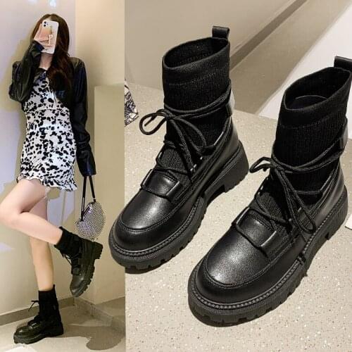 2021 Stylish Stitching Socks Boots Women Stretch Fabric Leather Splicing Square HeelAnkle BootsShoes Woman Boats Stretch Fabric