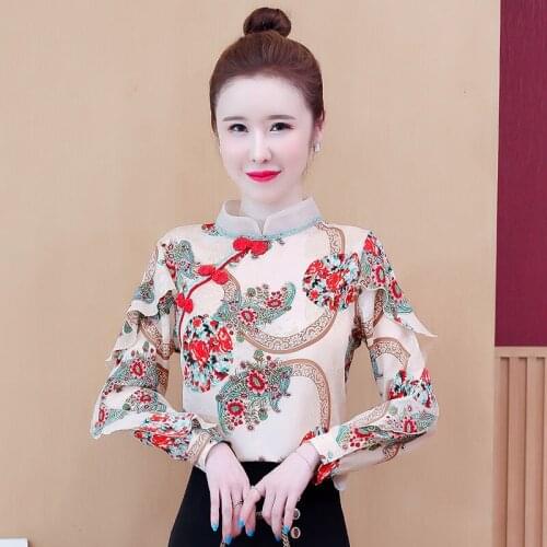 2021 spring and autumn new Chinese style printed blouse long-sleeved retro disc button ruffled floral western style shirt