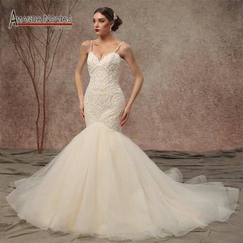 2020 New Model Spaghetti Straps Beaded lace Mermaid Wedding Dresses NS3449