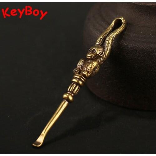 9 Styles Brass Ear Spoon Keychains Pendants Monkey Dragon Buddha Shape Multifunction Ear Pick to Clear Cerumen Vintage Key Rings