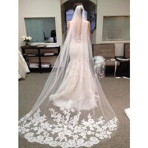 White Ivory 3M One Layer Lace Edge Cathedral Length Long Tulle Appliques Wedding Bridal Veil With Comb