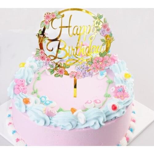 Ins 3D Flowers Happy Birthday Cake Topper Gold Acrylic Birthday Theme Cupcake topper For Birthday party Cakes Dessert Decoration