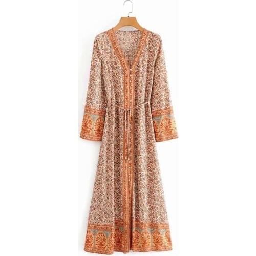 Summer printed long dress with long sleeves and laced-up