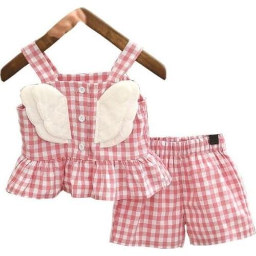 Summer children plaid suit girls baby clothes fashion sets wings camisole shorts two-piece suits kids baby garment 1-5 years