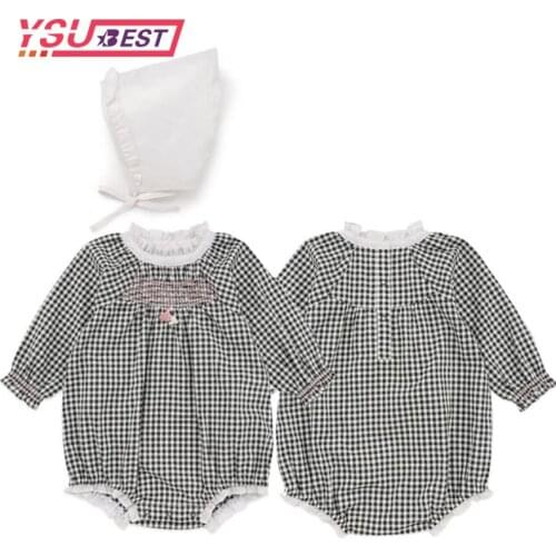 New 2021 Autumn Newborn Girls Loving Heart Jumpsuits Ruffle Clothes Baby Grid Rompers Bait Long Sleeve Children Rompers + Hat