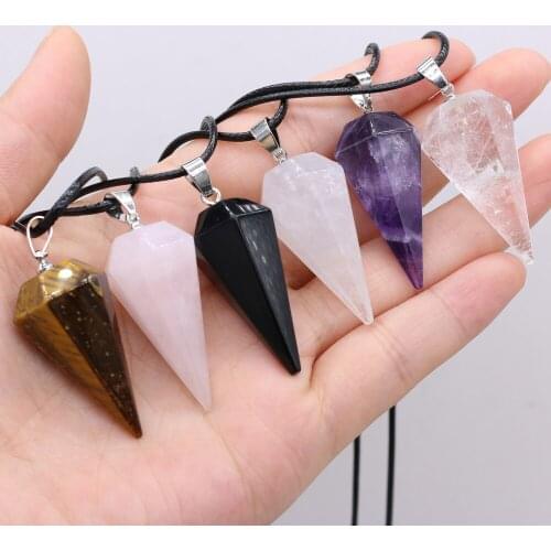 Natural Stone Necklace Conical Shape Rose Quartzs Amethysts Pendant Necklace Charms for Women Jewelry Gift 20x37mm Length 40cm
