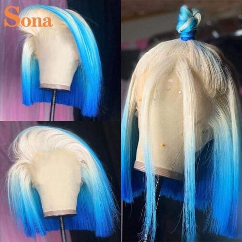 Colored Blue Human Hair Wig Glueless Short Bob Lace Front Wigs Pink Orange Yellow HD Transparent Lace Wigs for Women