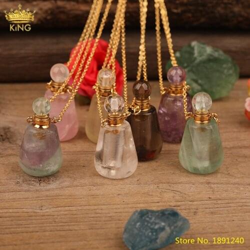 Natural Rainbow Fluorite Stone Perfume Bottle Pendant Plated Gold Necklace Women Quartz Crystal Essential Oil Diffuser Jewelry