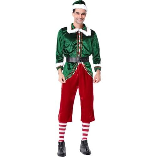 Christmas Santa Claus Costume Adult Man Thicken Winter Party Cos Santa Claus Costume Elf Green Red With Hat Man Clothes