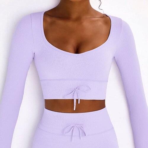 Long Sleeve Yoga Shirts Seamless Sportswear Sexy Yoga T-shirts High Elastic Fitness Shirts Short Gym Tops Slim Fit Athletic Tops