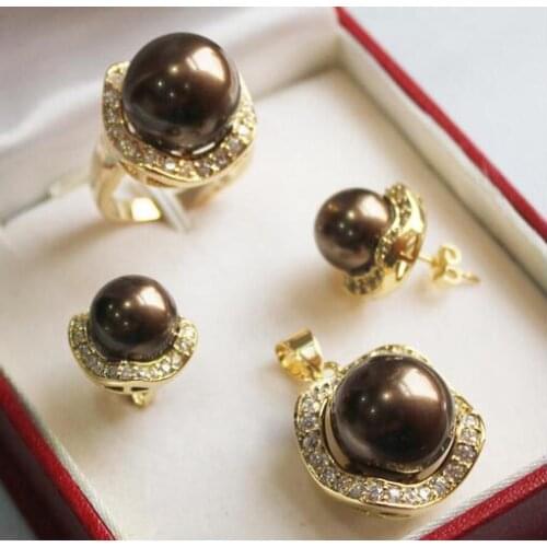 Fantaisie livraison gratuite coquille perle pendentif (14mm), boucle d'oreille (10mm),, anneau (14mm) ensemble