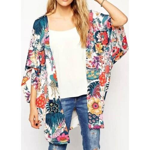 Women Fashion Floral Loose Shawl Kimono Cardigan Boho Chiffon Tops Beach Holiday Blouse