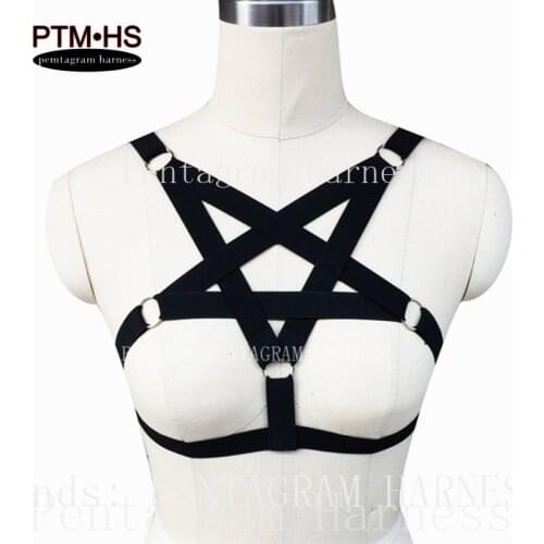 Goth Harajuku Pentagram Garter Belt Sexy Tops Cage Harness Black White Bralette body harness Bondage BDSM Witchy Exotic Sex Bra