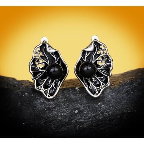 New Hollow Design Women 925 Silver Jewelry Symmetrical Black Pearls Stud Earrings Enamel Fashion Earrings Cocktail Jewelry Gift